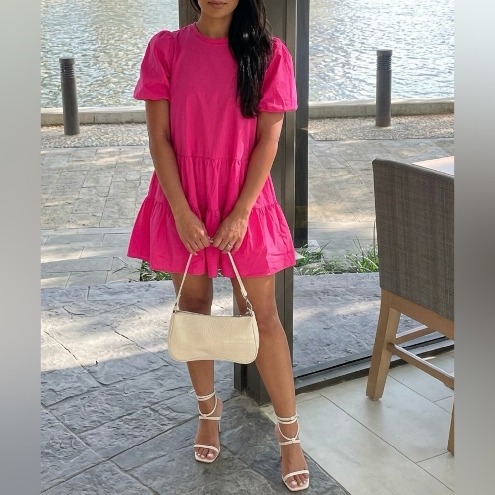 Zara 100% Cotton Pink Puff Sleeve Tiered Poplin Mini Dress XS Blogger Favourite